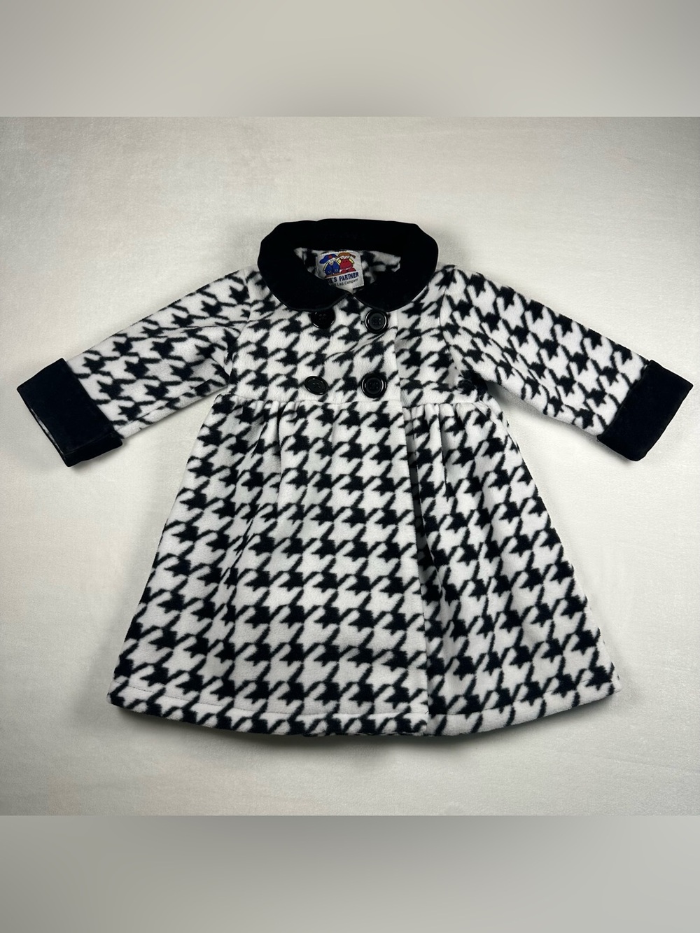 Vintage Black & White Houndstooth Toddler Coat with Peter Pan Collar 18 Months